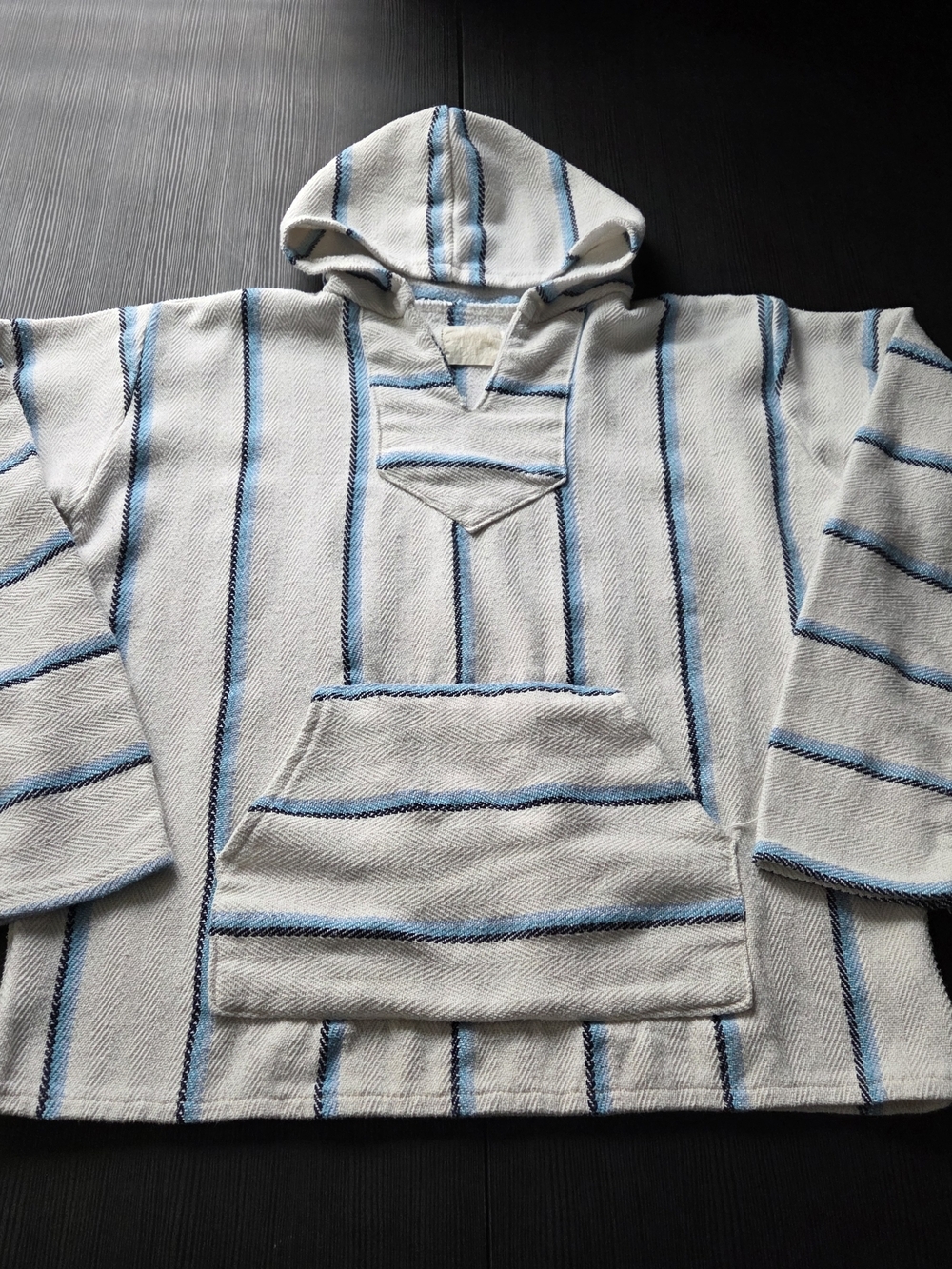 Earth Ragz Mens White Baja Pullover Hoodie Blue Striped Long Sleeve Size Large